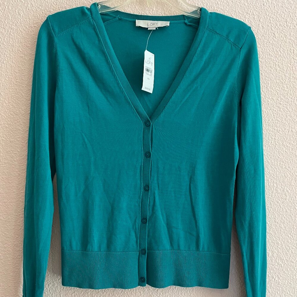 ANN TAYLOR LOFT V-NECK COTTON CARDIGAN TEAL Size : XS 332643 NWT